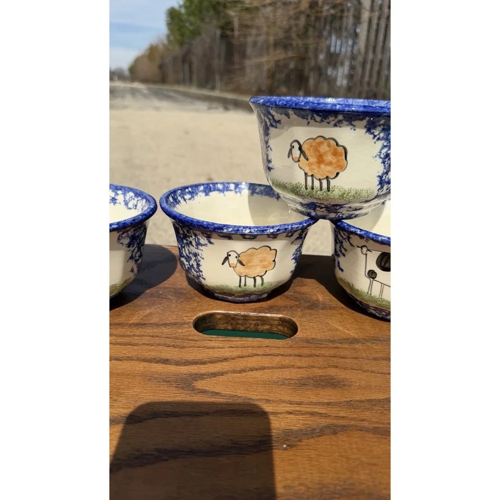 Set of 4 Blue Spongeware Farm Animal Bowls Rustic Pottery Cups‎